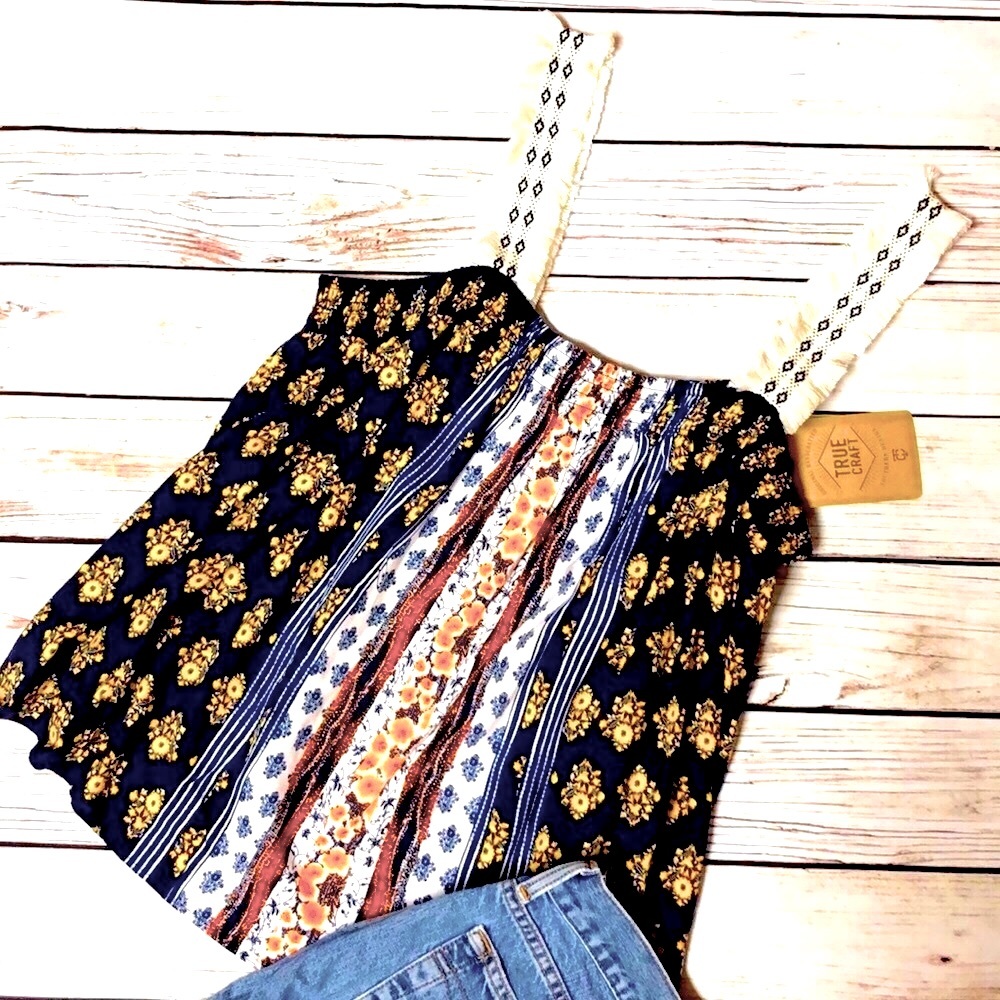 NWT Boho Smocked Print True Craft Babydoll Top With Crochet Trim